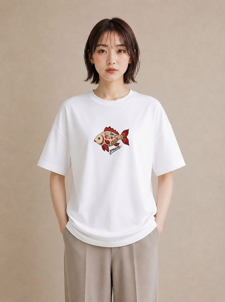 デザインTシャツ レディース 出目金 ペット 動物 イラスト ボタニカル ビーチ デイリーウェア 白T