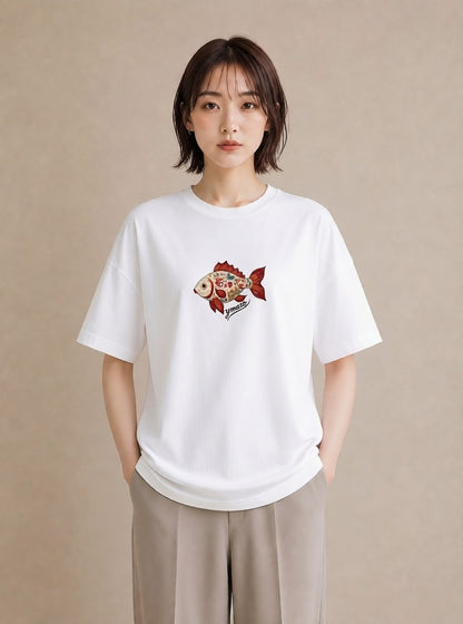 デザインTシャツ レディース 出目金 ペット 動物 イラスト ボタニカル ビーチ デイリーウェア 白T