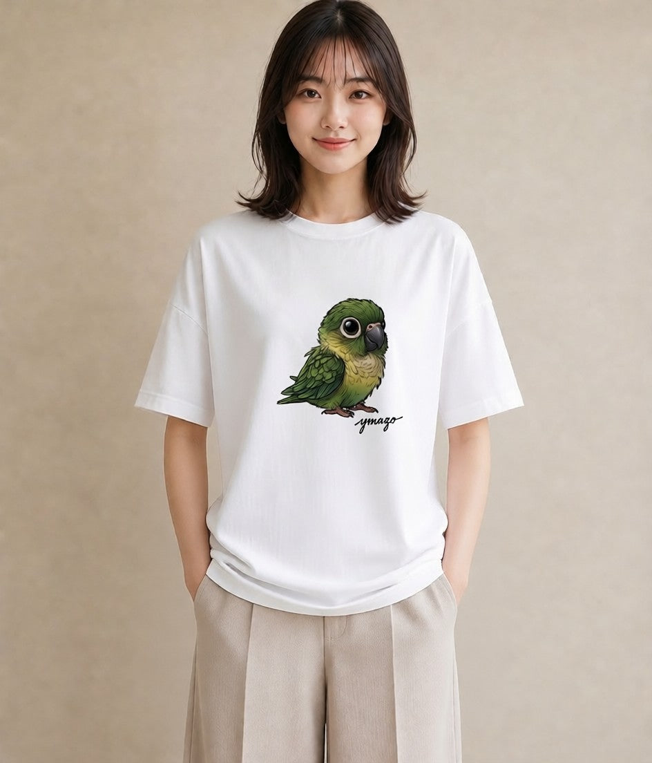 半袖Tシャツ レディース ボタンインコ ペット 動物 イラスト ニュアンス ママ カフェ服 白T