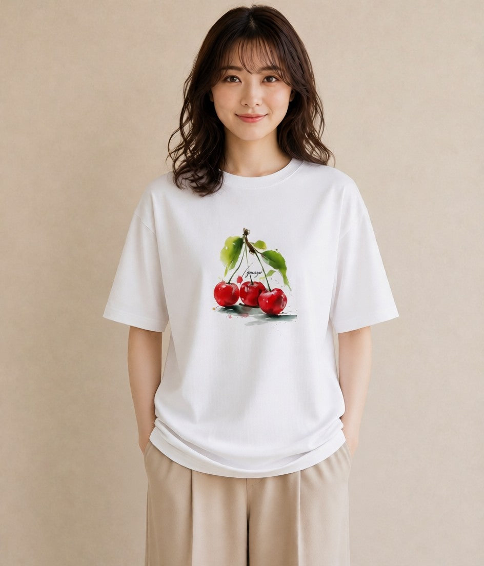 Tシャツ レディース さくらんぼ チェリー 食べ物 フード イラスト 休日コーデ 公園 ママ 白T