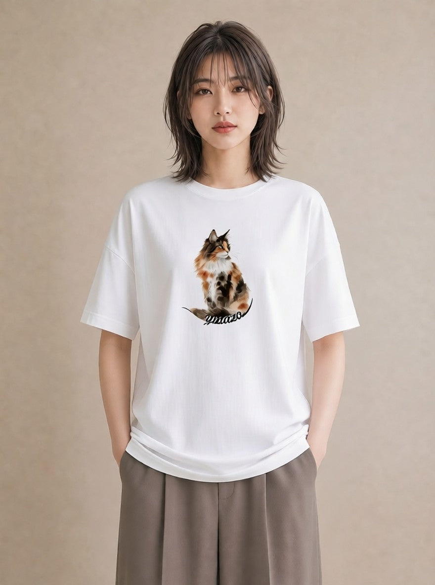 Tシャツ レディース しっぽ 猫 ねこ イラスト 線画 お出かけ 普段着 白T