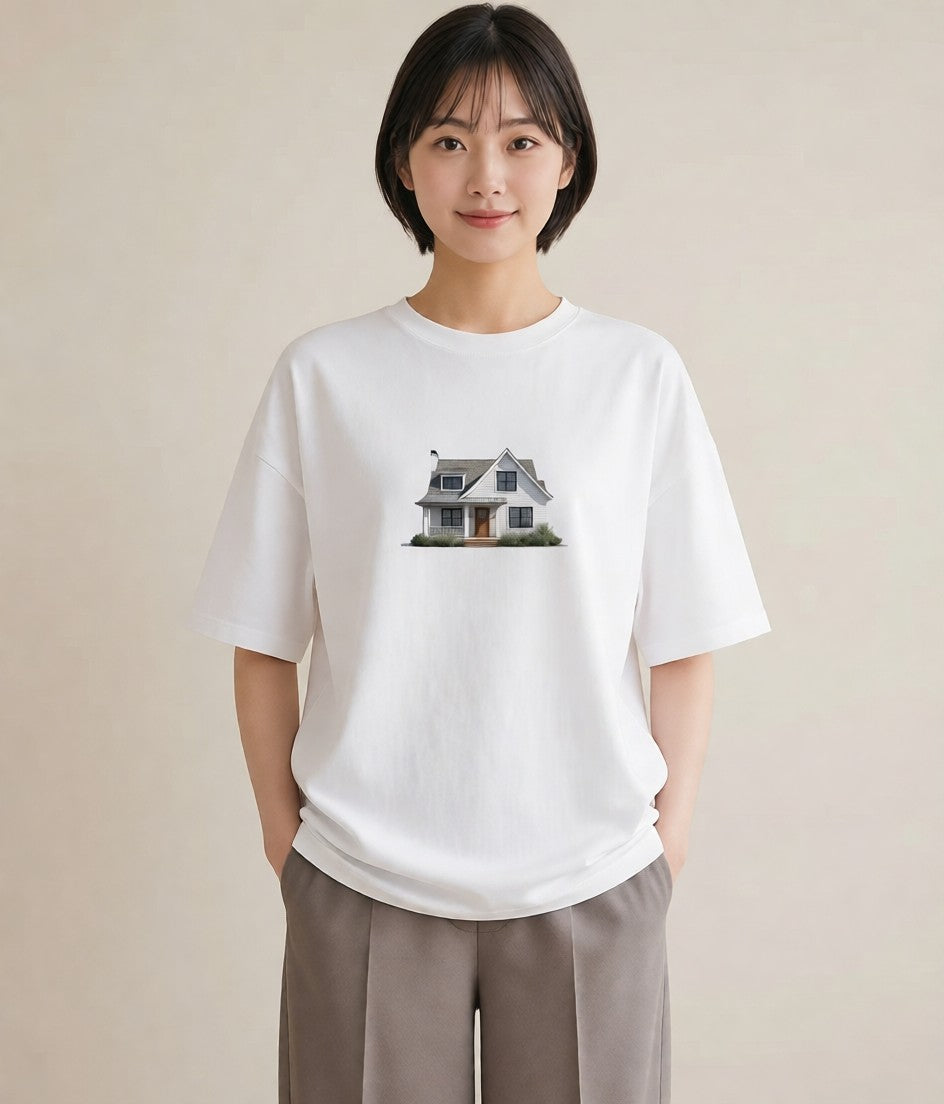 デザインTシャツ レディース 湖畔の小屋 湖 小屋 ナチュラル アンティーク イラスト アート風 女性 旅行用 白T