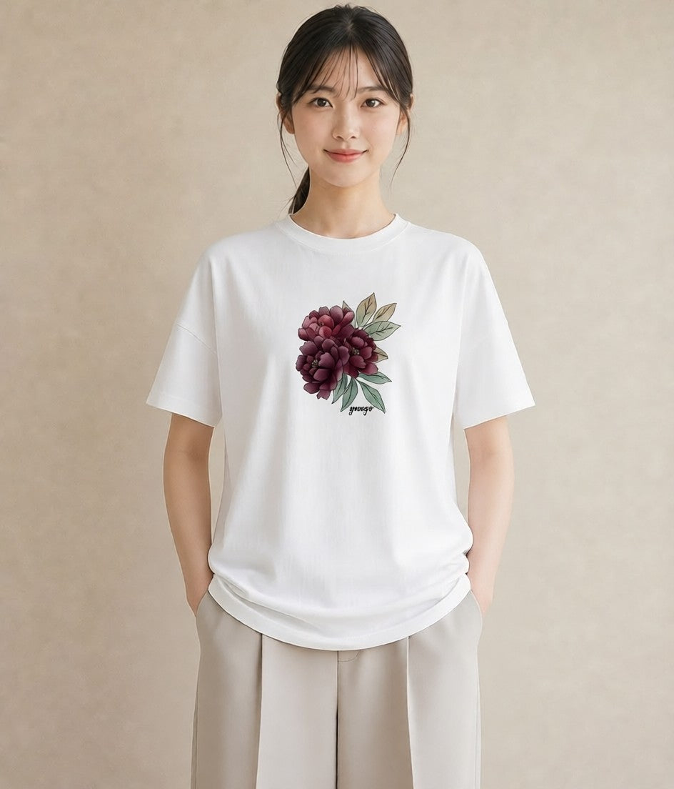 半袖Tシャツ レディース 牡丹 花 花柄 イラスト モード ラフ レイヤード 白T