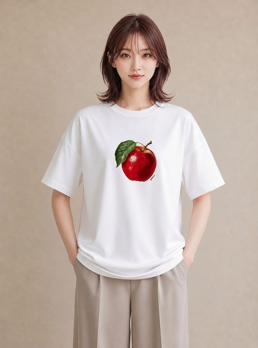グラフィックTシャツ レディース りんご 林檎 アップル 食べ物 フード イラスト レトロ 友達ギフト 部屋着 白T
