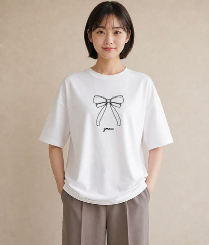 グラフィックTシャツ レディース リボン ボウ りぼん イラスト ビーチ デイリーウェア 白T