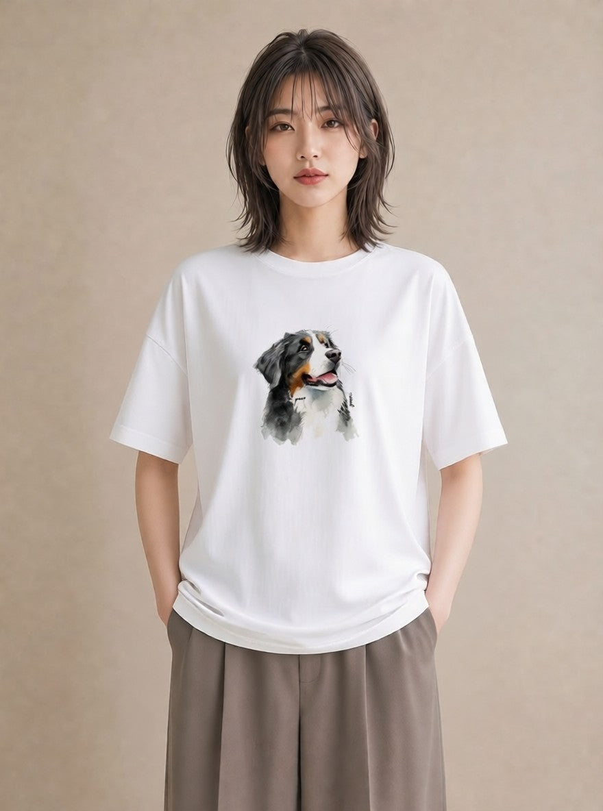 デザインTシャツ レディース バーニーズマウンテンドッグ 犬 いぬ イラスト 北欧風 ミセス 春コーデ 白T
