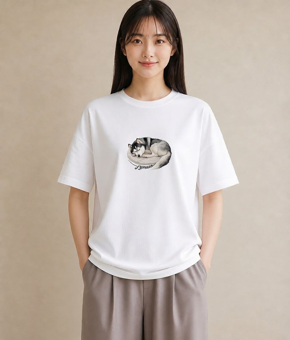 プリントTシャツ レディース シベリアンハスキー 犬 いぬ イラスト 旅行コーデ 社会人 女性 白T