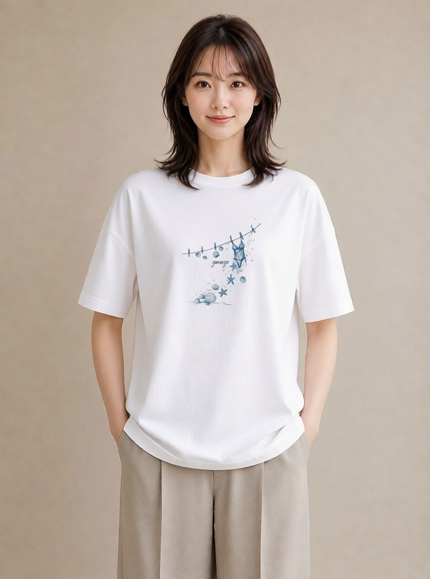 グラフィックTシャツ レディース 洗濯物 風 ナチュラル アンティーク イラスト こなれ感 夏コーデ 通学 白T