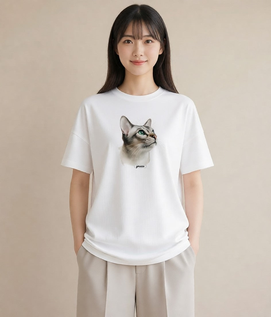 グラフィックTシャツ レディース ブリティッシュショートヘア 猫 ねこ イラスト フェミニン 海 カフェ巡り 白T
