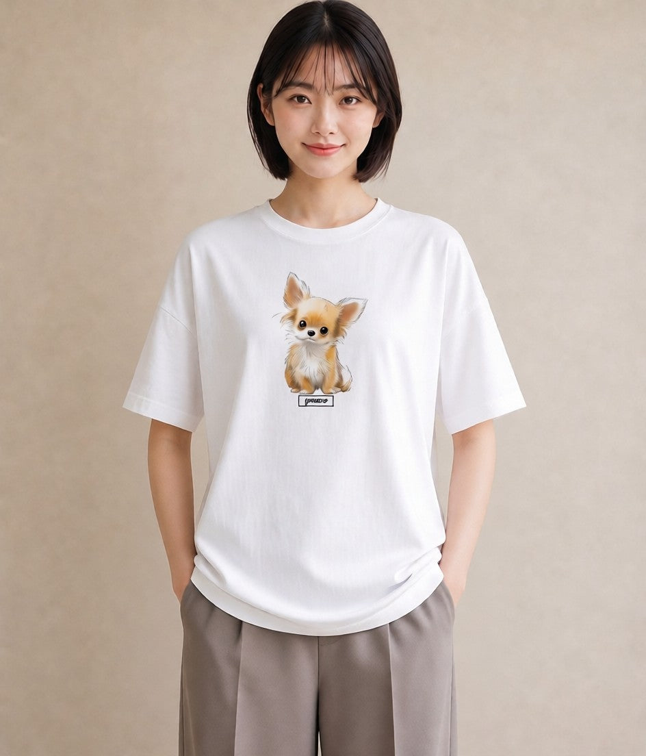 Tシャツ レディース ロングコートチワワ 犬 いぬ イラスト モード 誕生日プレゼント 綿100 白T