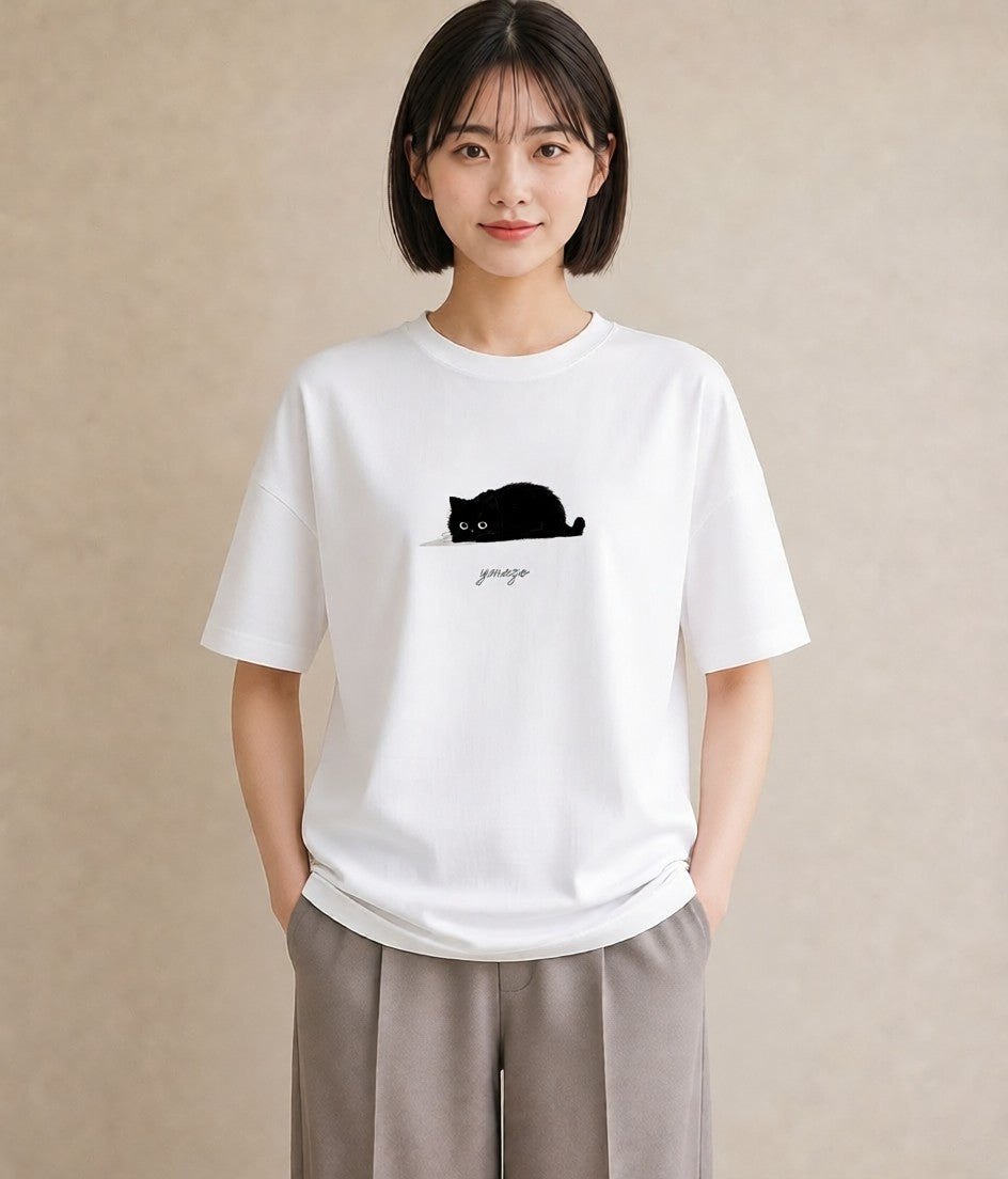 半袖Tシャツ レディース 黒猫 猫 ねこ イラスト ニュアンス 女性向けギフト 散歩 白T