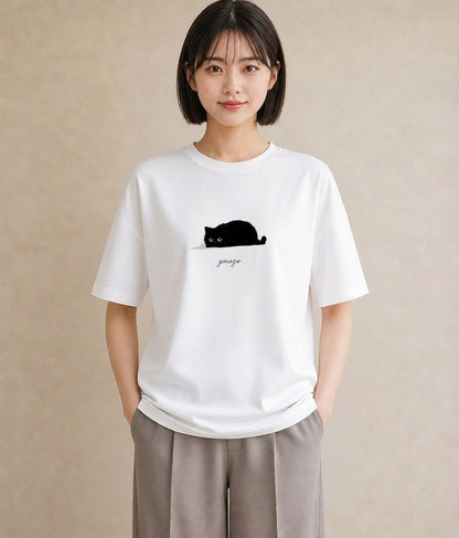 半袖Tシャツ レディース 黒猫 猫 ねこ イラスト ニュアンス 女性向けギフト 散歩 白T