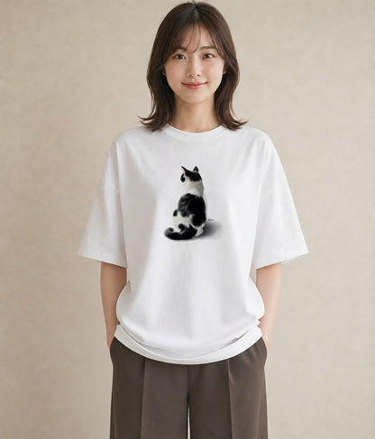 グラフィックTシャツ レディース 三毛猫 みけねこ 三毛 猫 ねこ イラスト アート風 海 カフェ巡り 白T
