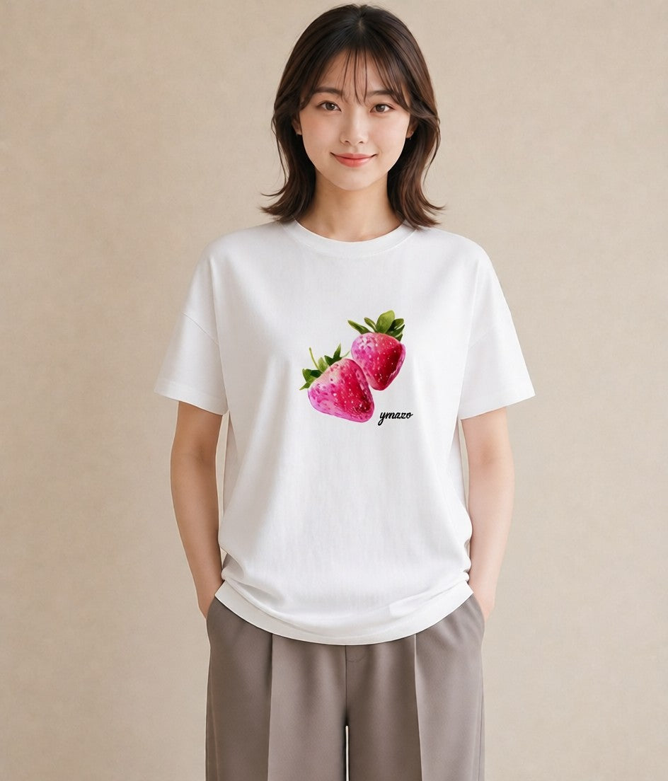 半袖Tシャツ レディース ショートケーキ 食べ物 フード イラスト 手描き風 お出かけ 普段着 白T