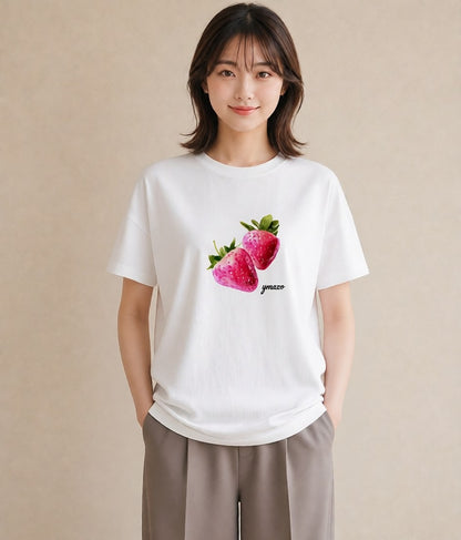 半袖Tシャツ レディース ショートケーキ 食べ物 フード イラスト 手描き風 お出かけ 普段着 白T