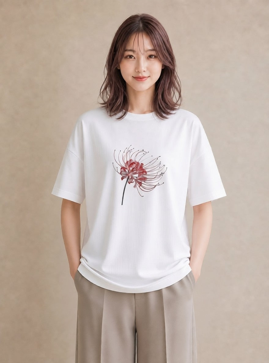 グラフィックTシャツ レディース 彼岸花 花 花柄 イラスト 抜け感 敬老の日 ホワイトデー 白T