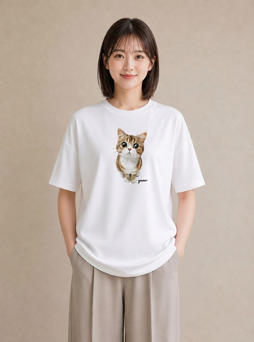 デザインTシャツ レディース スコティッシュフォールド 猫 ねこ イラスト アート風 公園 ママ 白T