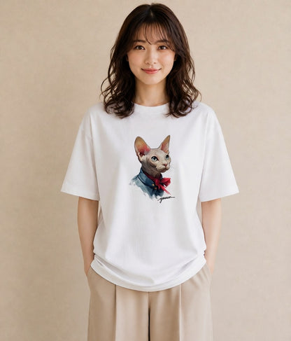 デザインTシャツ レディース スフィンクス 猫 ねこ イラスト 淡色 カフェ服 クリスマス 白T