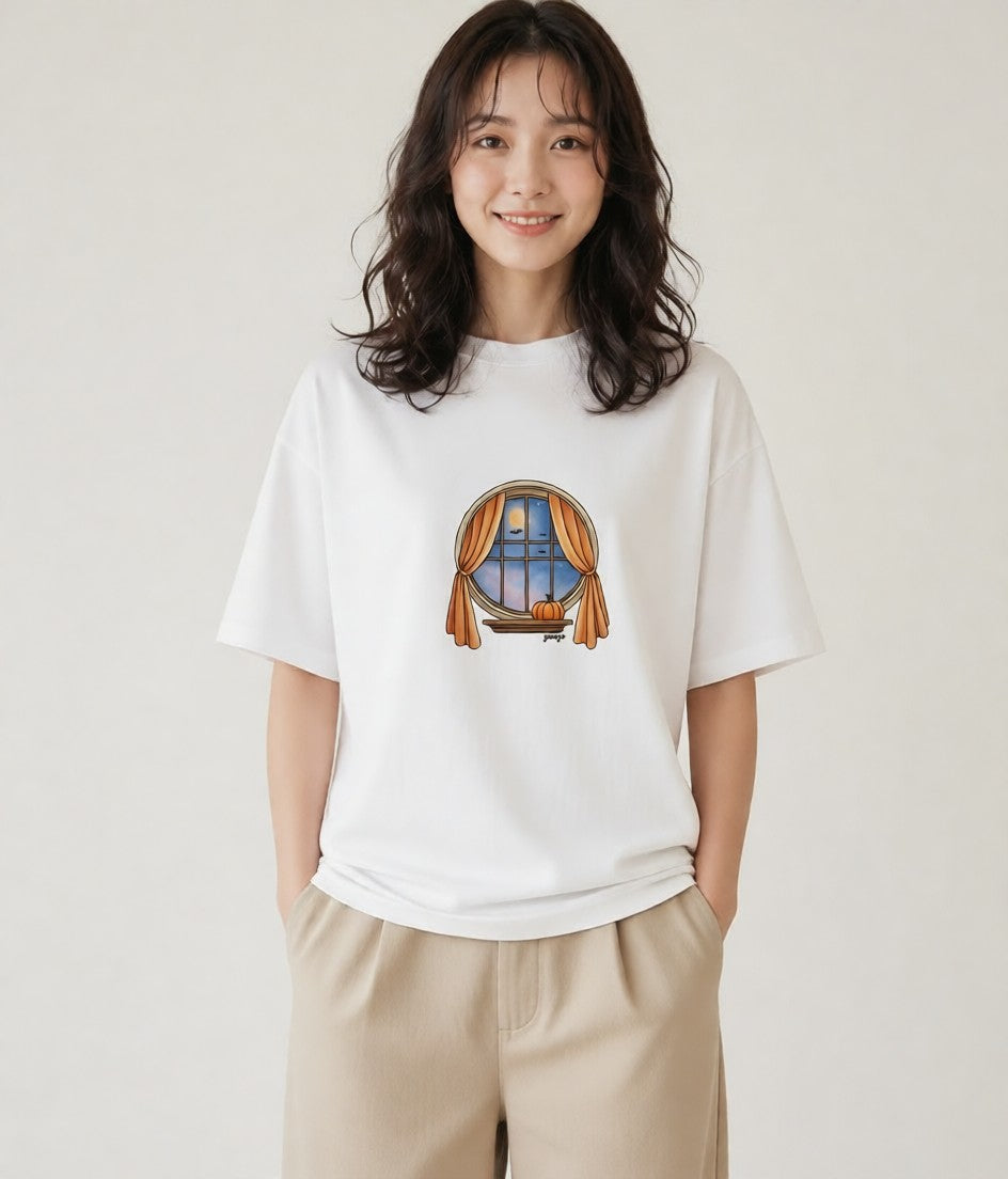 プリントTシャツ レディース 灯りの家 小屋 夜 ナチュラル アンティーク イラスト 休日コーデ クリスマス 旅行 白T