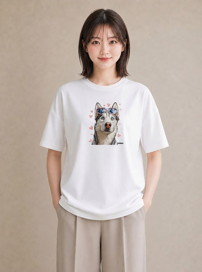 Tシャツ レディース シベリアンハスキー 犬 いぬ イラスト シック ビーチ デイリーウェア 白T