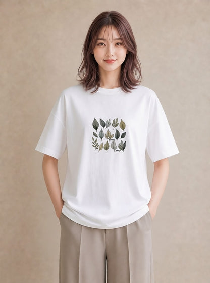 半袖Tシャツ レディース ボタニカル 植物 イラスト ナチュラル 通勤 在宅 白T