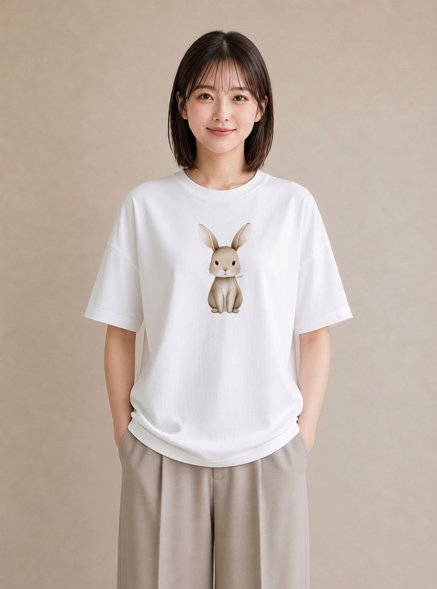 Tシャツ レディース ライオンラビット ペット 動物 イラスト ニュアンス 母の日 ビーチ 白T