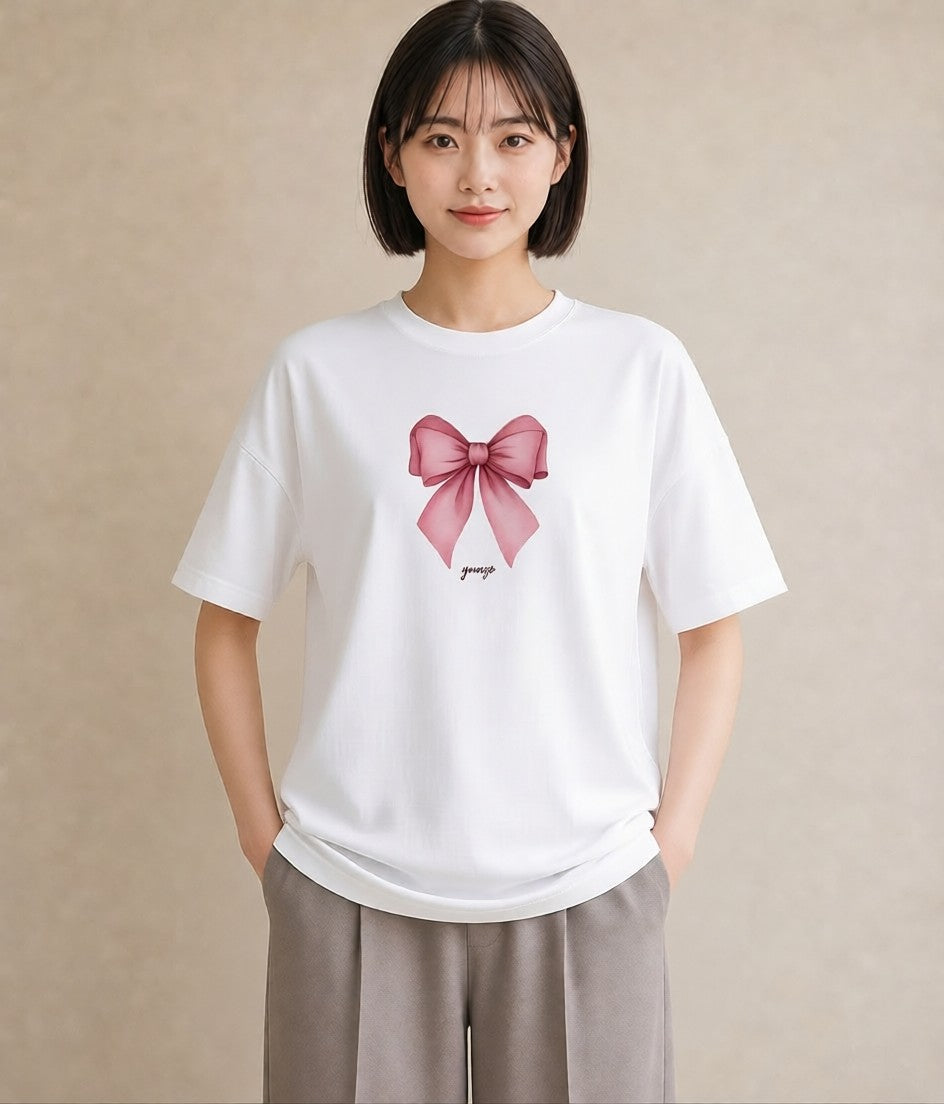 グラフィックTシャツ レディース リボン 蝶結び ナチュラル アンティーク イラスト ラフ 通学 誕生日プレゼント 白T