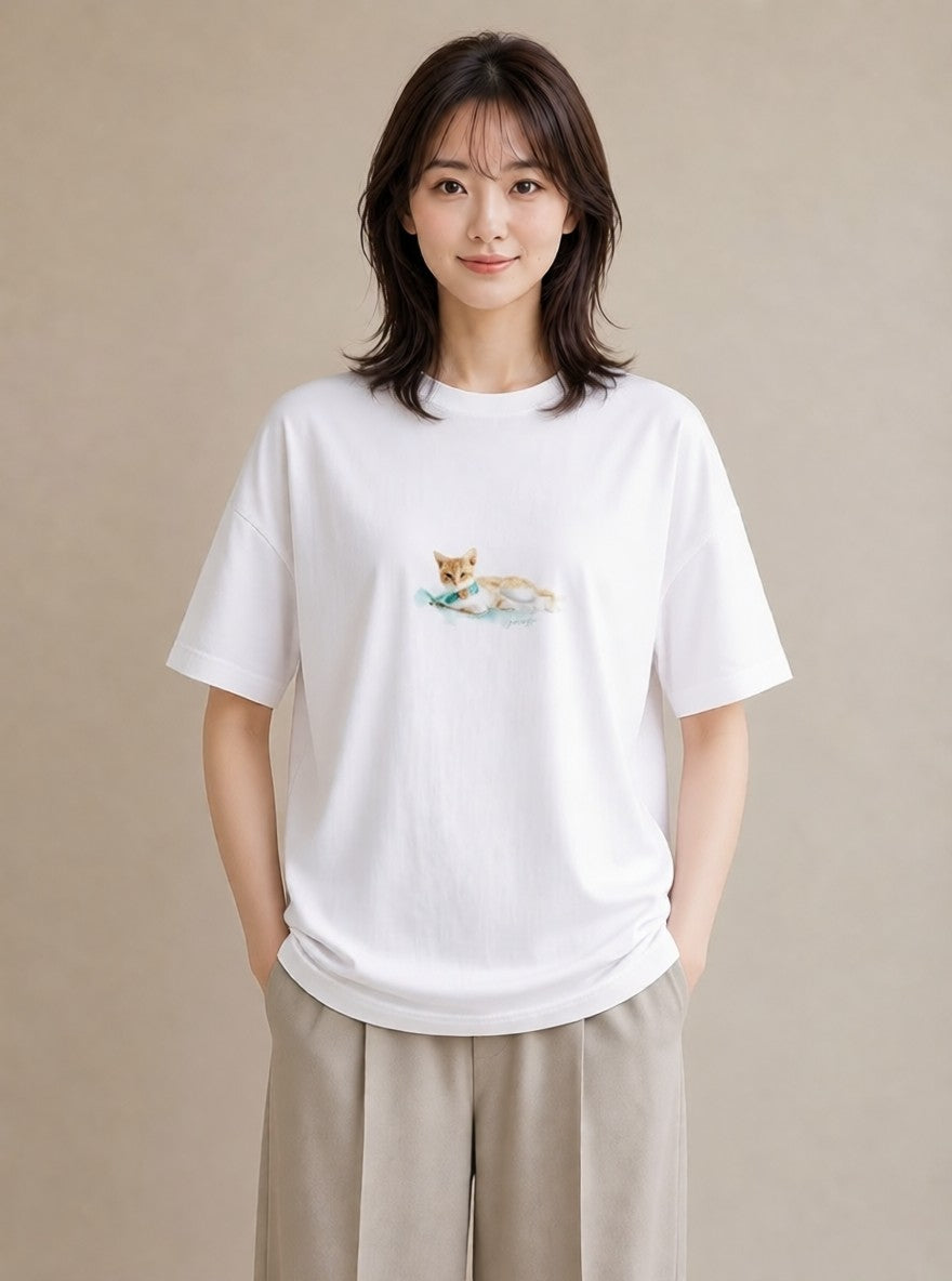 グラフィックTシャツ レディース 茶トラ 茶猫 猫 ねこ イラスト 個性的 買い物 夏コーデ 白T