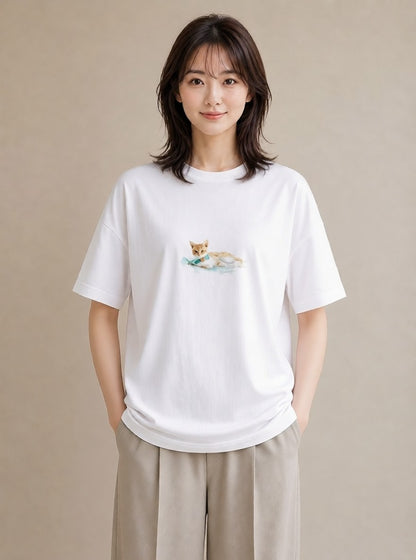 グラフィックTシャツ レディース 茶トラ 茶猫 猫 ねこ イラスト 個性的 買い物 夏コーデ 白T