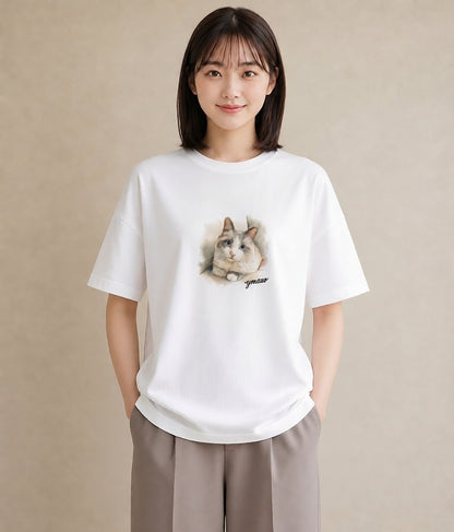 デザインTシャツ レディース サビ猫 猫 ねこ イラスト ボタニカル 休日 ペアコーデ 白T