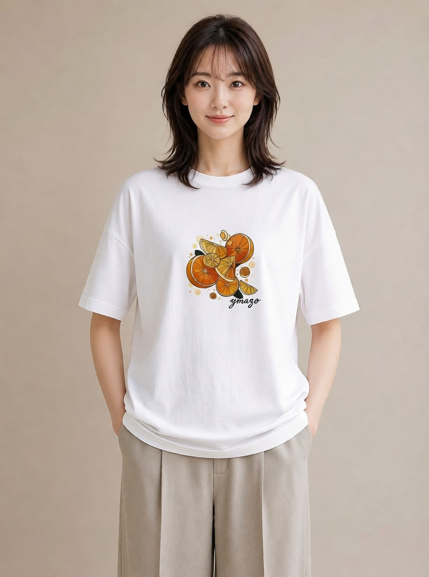半袖Tシャツ レディース みかん 食べ物 フード イラスト ナチュラル 送別ギフト 通勤 白T