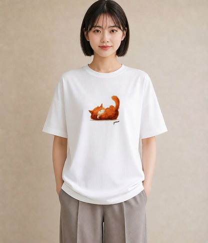グラフィックTシャツ レディース 茶トラ 茶猫 猫 ねこ イラスト カフェ服 クリスマス 白T