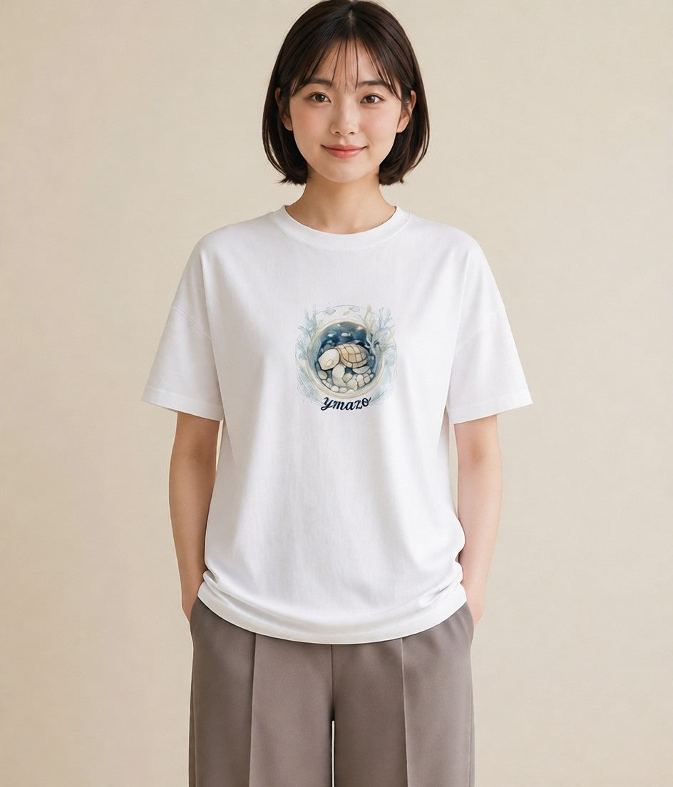 デザインTシャツ レディース ウミガメ 海の生き物 海 イラスト 抜け感 ビーチ デイリーウェア 白T