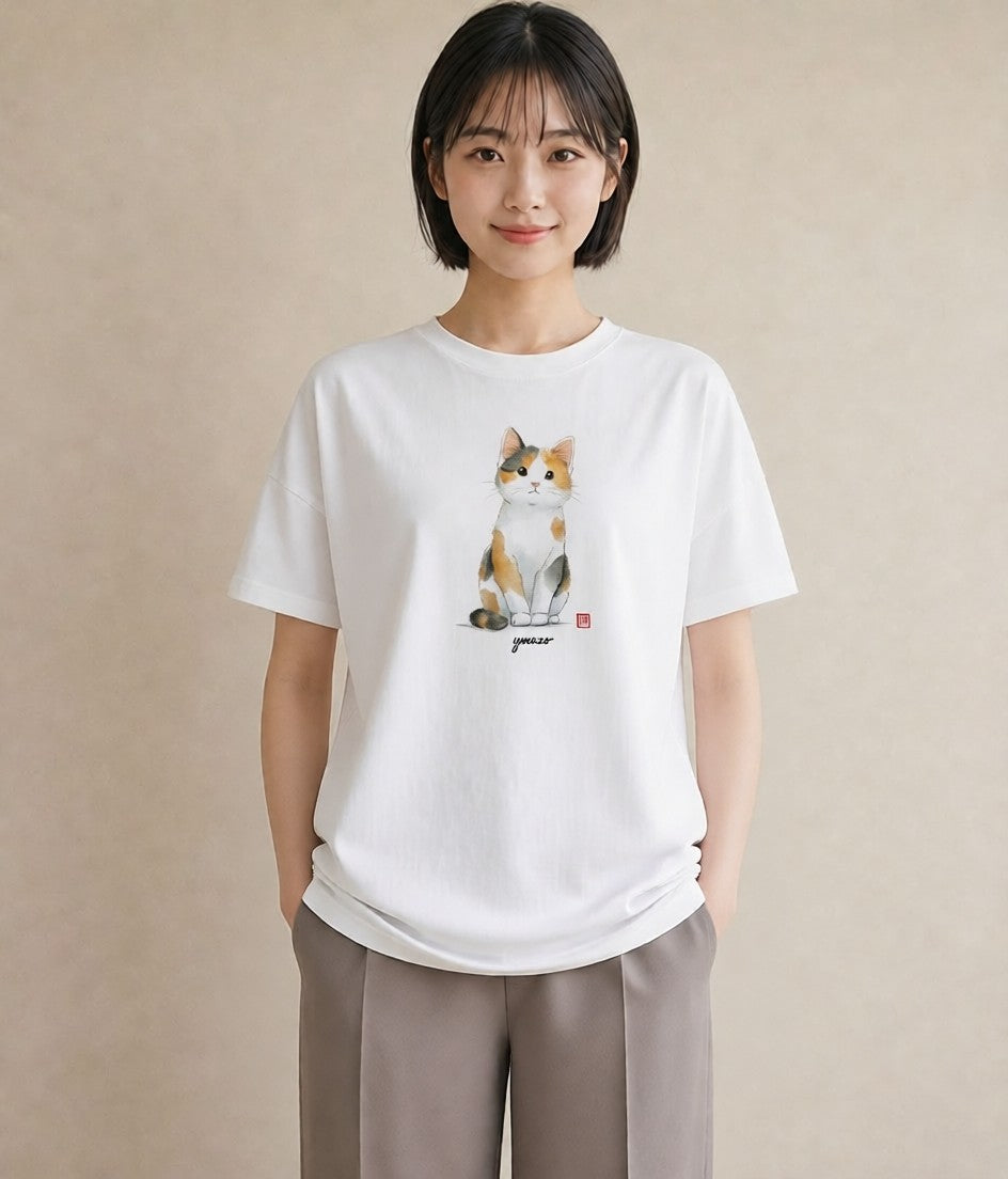 デザインTシャツ レディース ハチワレ 白黒猫 猫 ねこ イラスト カフェ服 クリスマス 白T