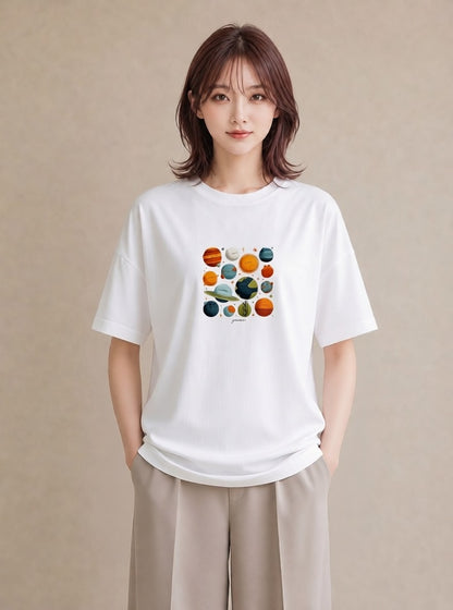 半袖Tシャツ レディース 惑星 星空 宇宙 イラスト ゆるかわ ビーチ デイリーウェア 白T