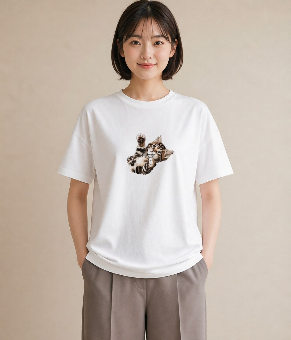 デザインTシャツ レディース サバトラ 猫 ねこ イラスト 抜け感 通学 誕生日プレゼント 白T