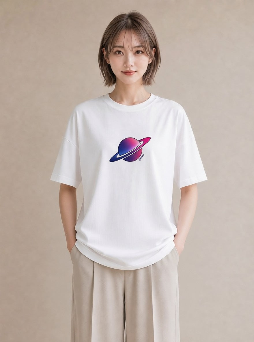 グラフィックTシャツ レディース 土星 星空 宇宙 イラスト ユニーク ペアコーデ 秋コーデ 白T