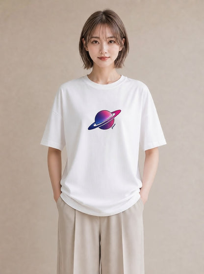 グラフィックTシャツ レディース 土星 星空 宇宙 イラスト ユニーク ペアコーデ 秋コーデ 白T