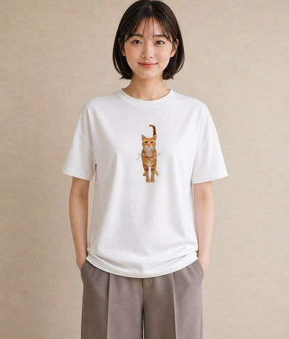 Tシャツ レディース アビシニアン 猫 ねこ イラスト アート風 海 カフェ巡り 白T
