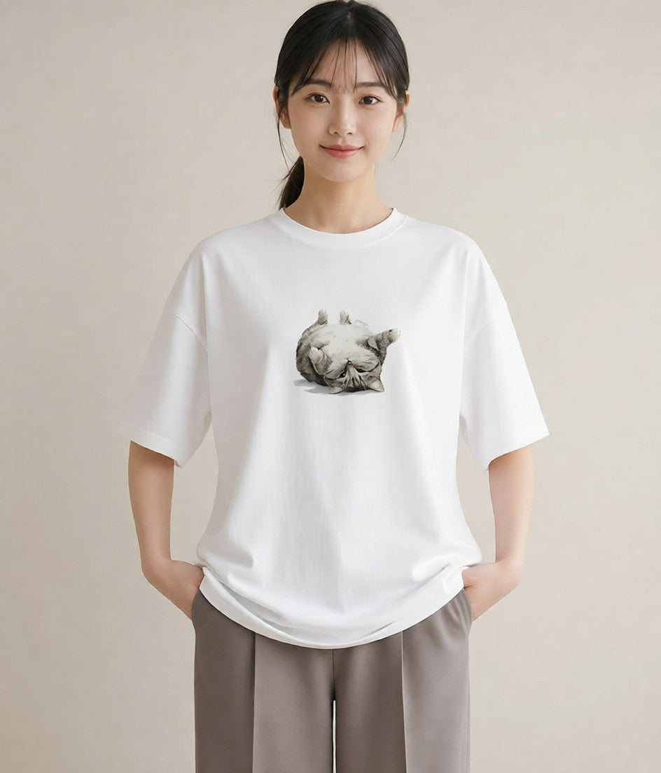 プリントTシャツ レディース アメリカンショートヘア 猫 ねこ イラスト 可愛い 海 カフェ巡り 白T