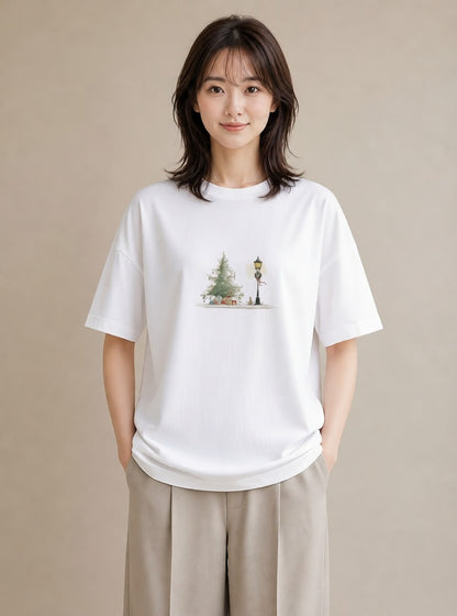 Tシャツ レディース 街灯 夜霧 夜 ナチュラル アンティーク イラスト フェミニン デイリーウェア 休日 白T