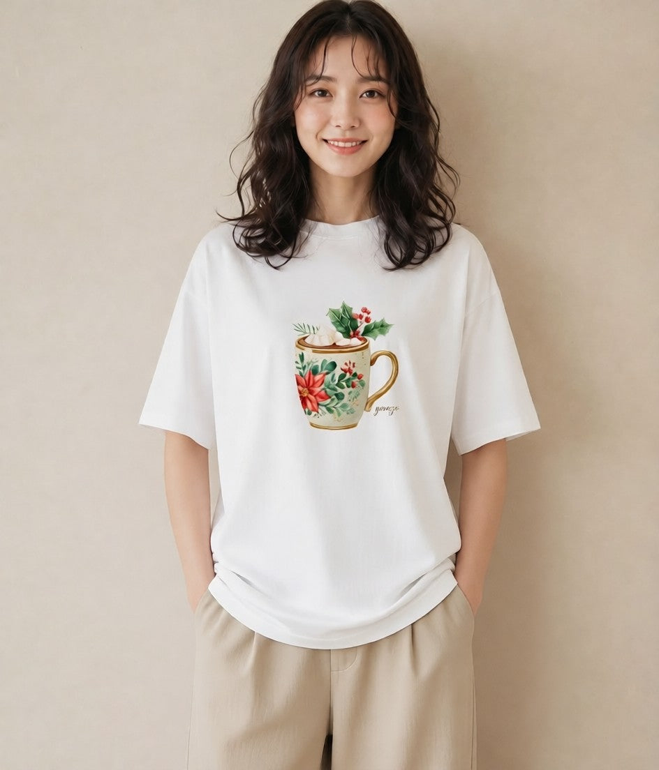 半袖Tシャツ レディース カフェラテ 食べ物 フード イラスト こなれ感 帰省 ラフ 白T