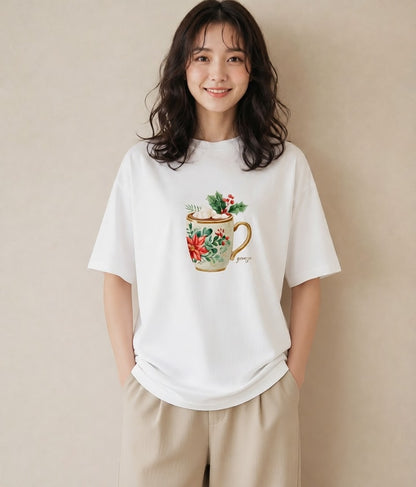 半袖Tシャツ レディース カフェラテ 食べ物 フード イラスト こなれ感 帰省 ラフ 白T