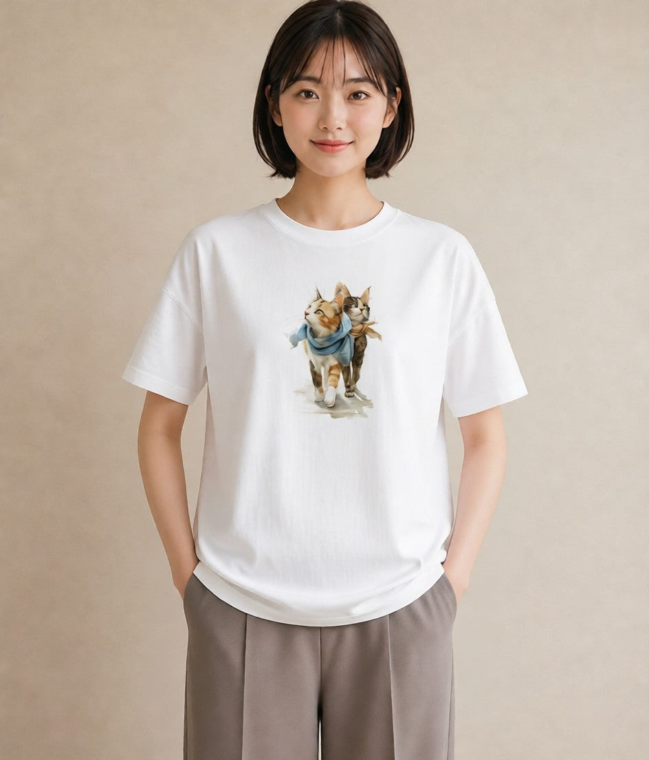 プリントTシャツ レディース ソマリ 猫 ねこ イラスト アート風 カフェ服 クリスマス 白T