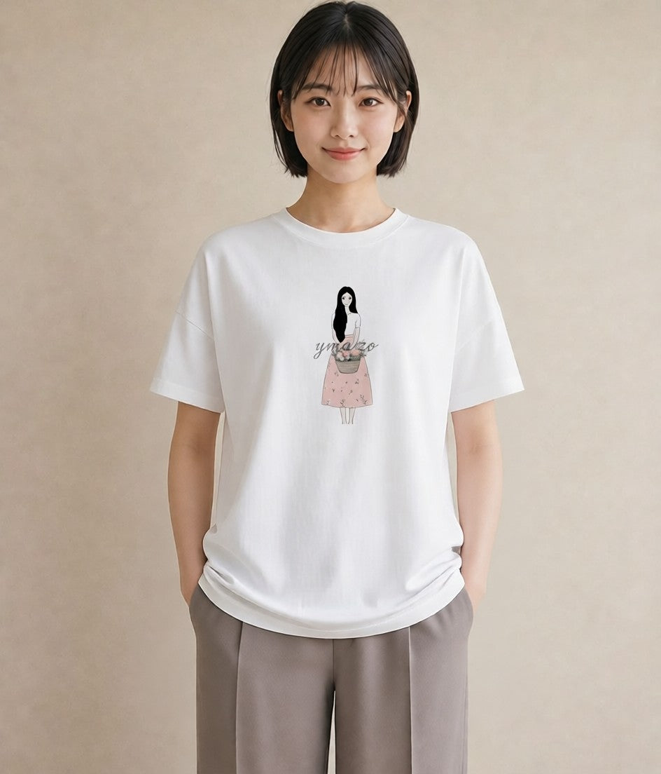 グラフィックTシャツ レディース 自転車のかご 自転車 花かご ナチュラル アンティーク イラスト シック 敬老の日 ホワイトデー 白T