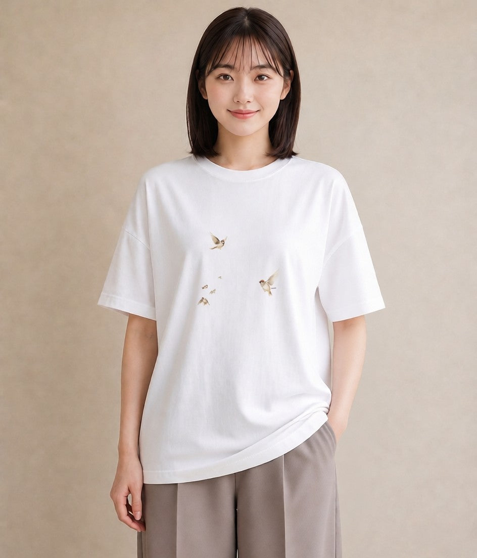 プリントTシャツ レディース 遠い家と鳥 風景 鳥 ナチュラル アンティーク イラスト ゆるコーデ 夏コーデ 通学 白T