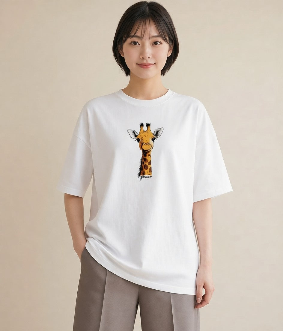 Tシャツ レディース きりん 動物 アニマル イラスト ヴィンテージ風 春服 ミセス 白T