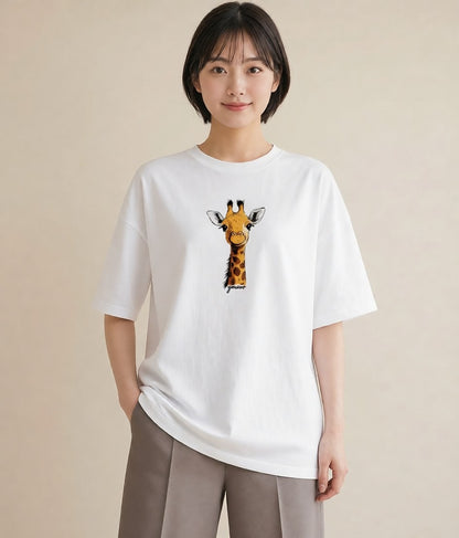 Tシャツ レディース きりん 動物 アニマル イラスト ヴィンテージ風 春服 ミセス 白T