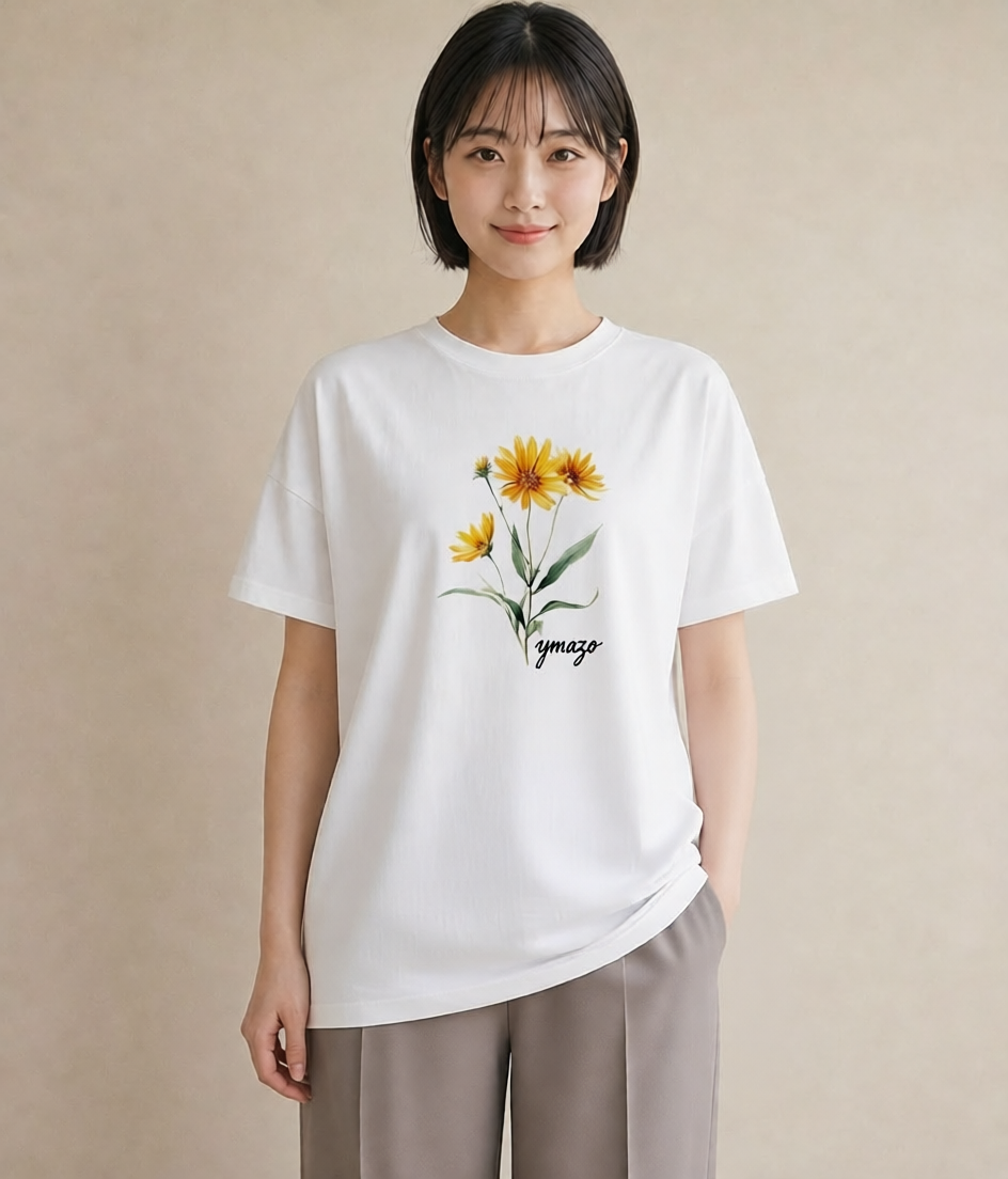 プリントTシャツ レディース ひまわり 向日葵 花 花柄 イラスト 普段使い 休日 ペアコーデ 白T