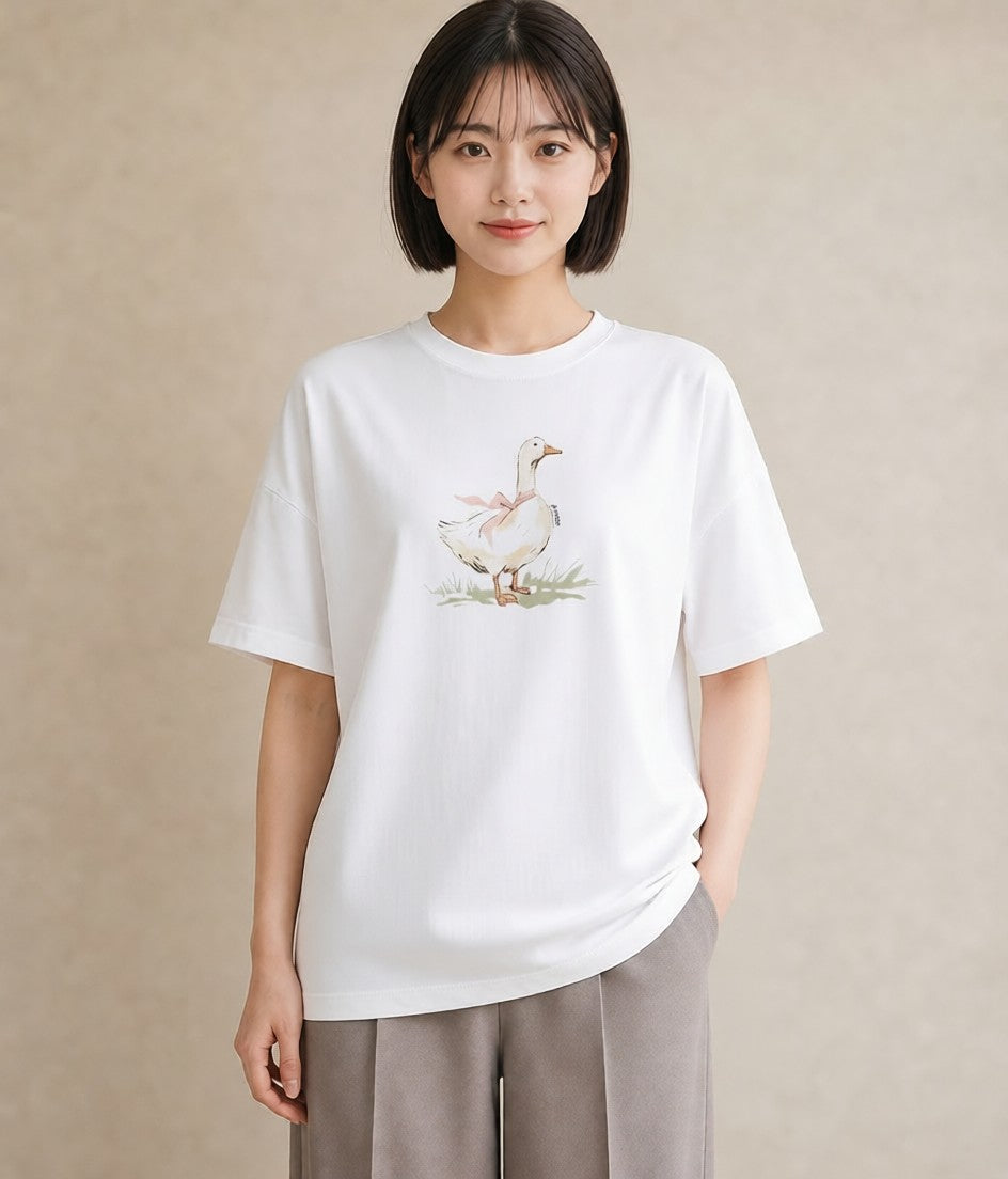 半袖Tシャツ レディース ハクチョウ 動物 アニマル イラスト ゆるコーデ 夏コーデ 通学 白T